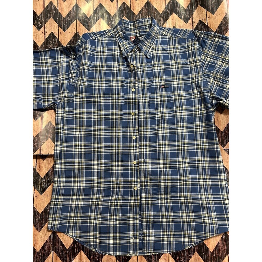 CHAPS RALPH LAUREN Men’s SS Button Down Shirt Blue Yellow White Plaid Large